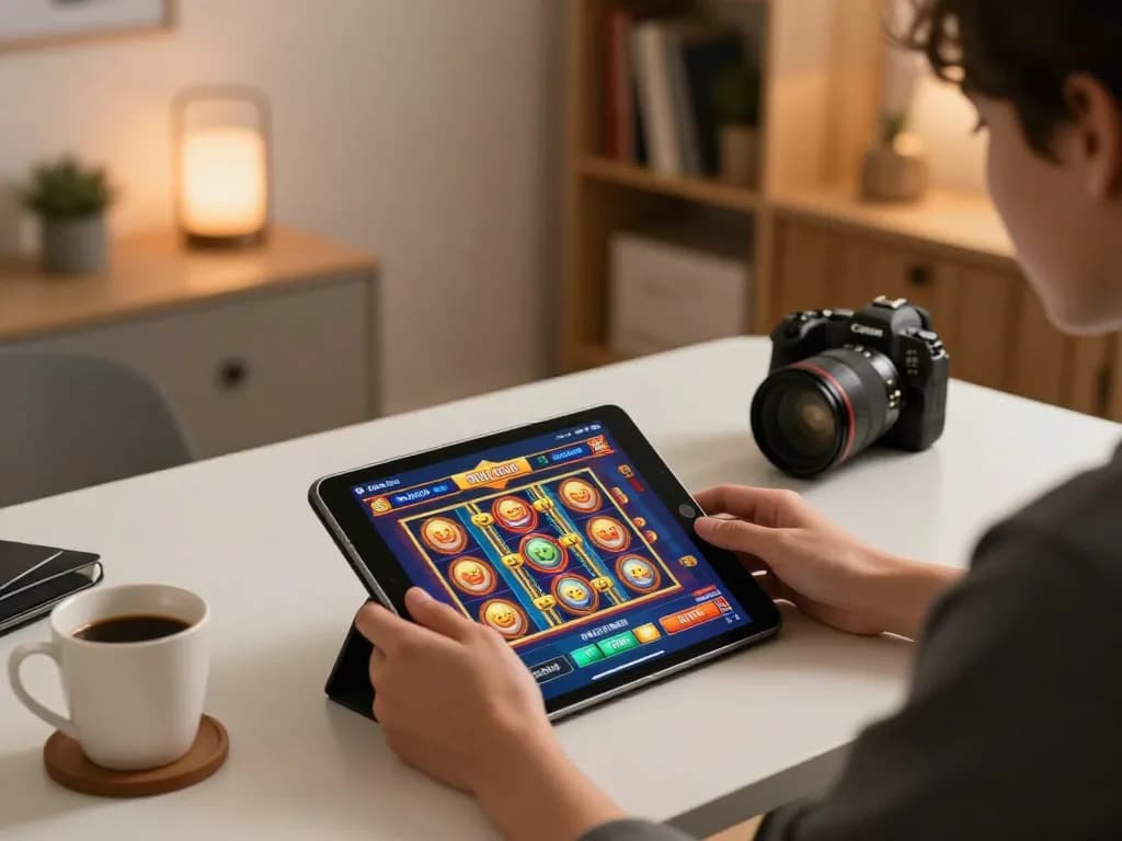 Engaging scene of a player enjoying 98win club slot games on a tablet in a cozy home setup.