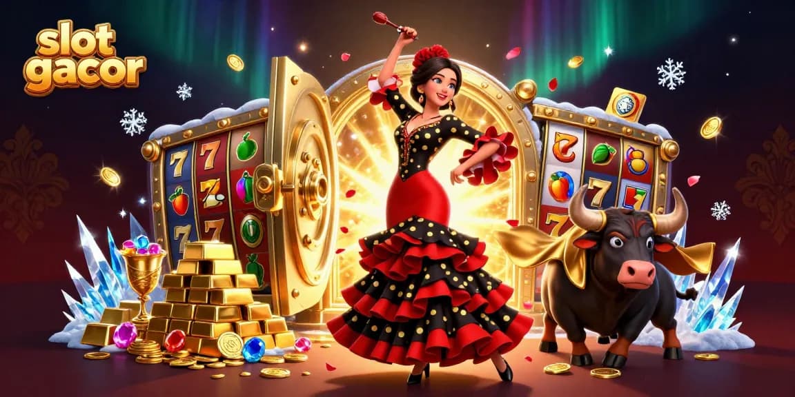 Experience slot gacor with a vibrant scene featuring a stunning woman and a bull amidst treasures and slot symbols.