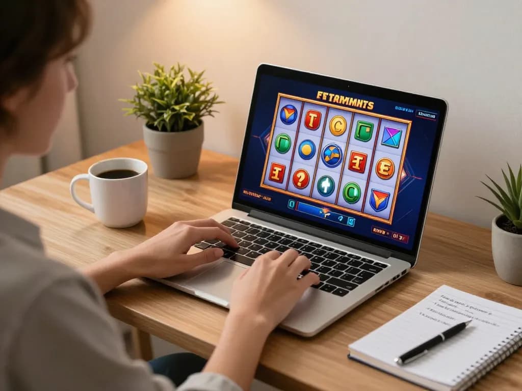 RR88 player enjoying online slots game with colorful reels and strategic notes in a cozy home office