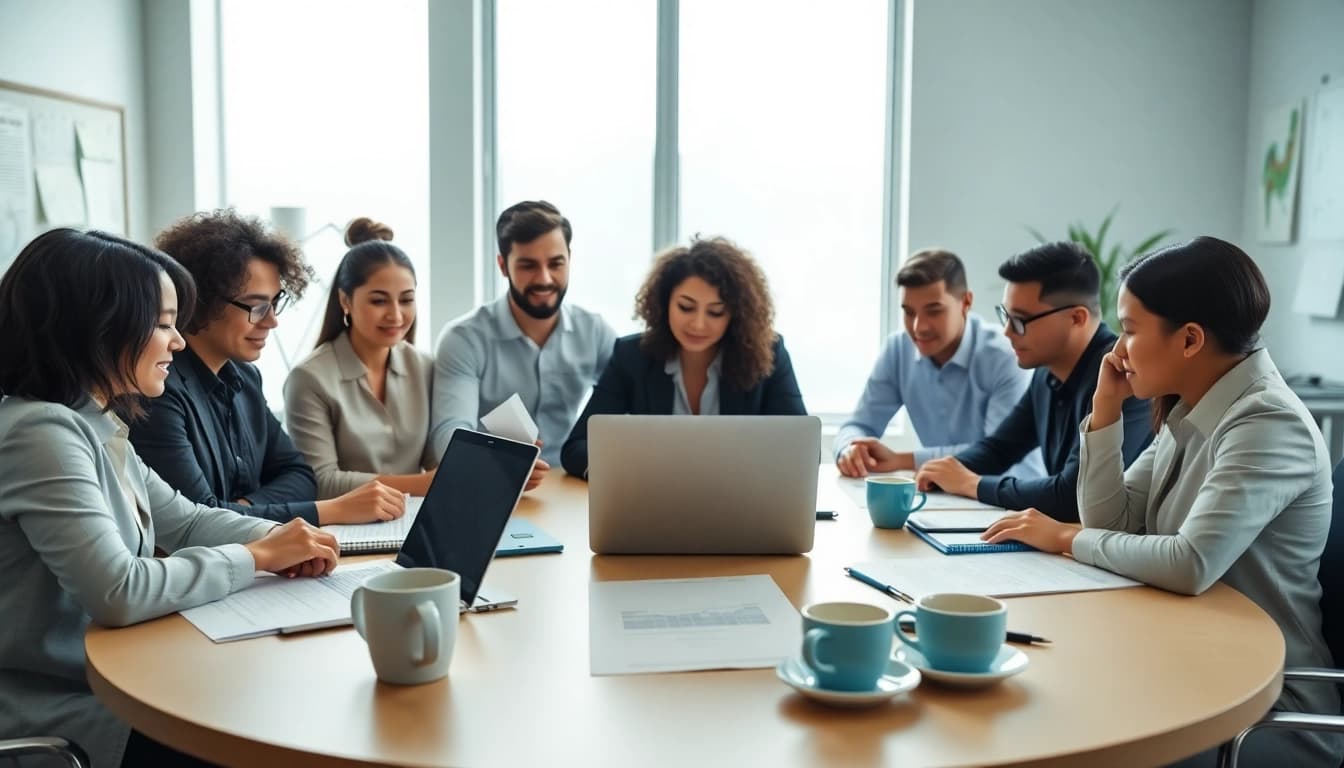 Team discussing contracts and grants in a bright, professional office.