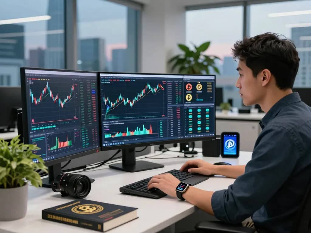 Optimized trading setup for automated crypto income in a modern office