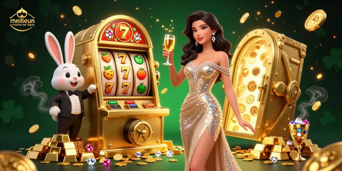 Célébrez votre victoire au meilleur casino en ligne avec une scène glamour d'une femme portant un toast à côté d'une machine à sous jackpot.