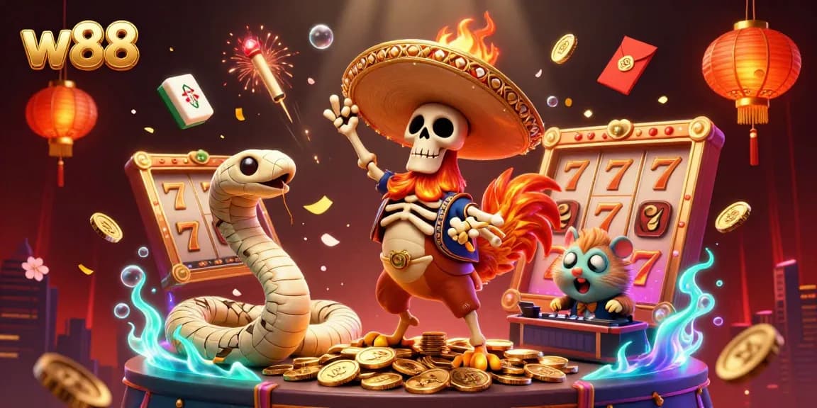 Chơi tại w88 với hình ảnh sống động của gà mariachi, rắn xác ướp và DJ hamster trong casino