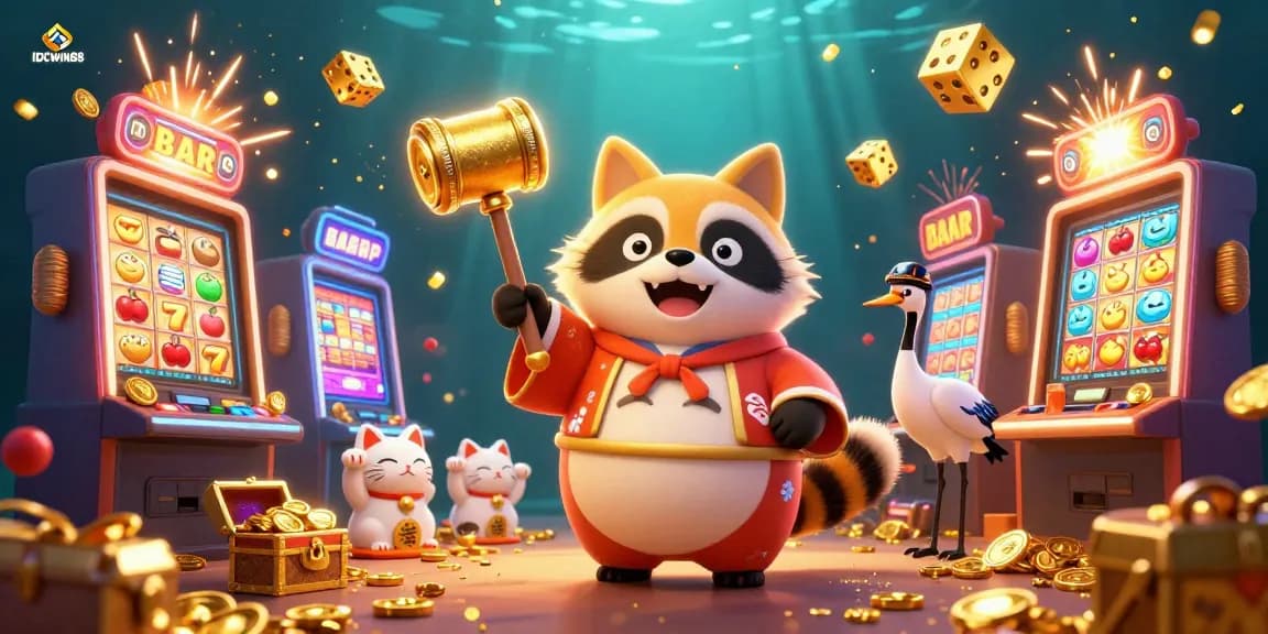 Experience the excitement of IDCWIN88 with a vibrant casino-themed digital illustration showcasing a cheerful tanuki and dynamic slot games.