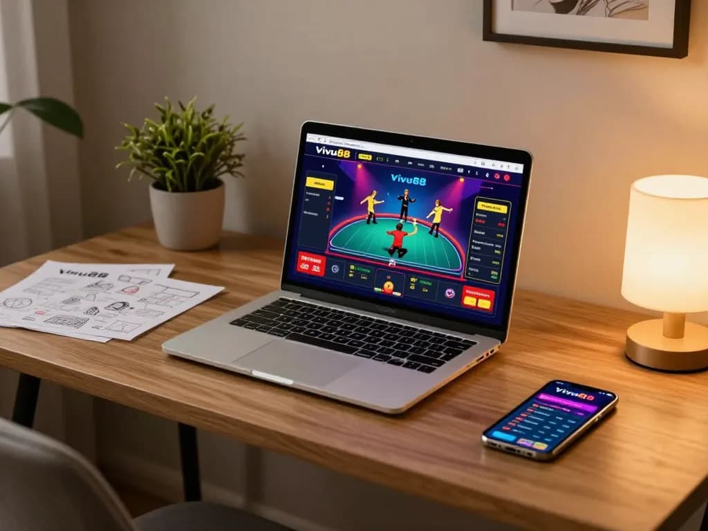Engaging Vivu88 online casino gameplay on a laptop in a stylish home setting
