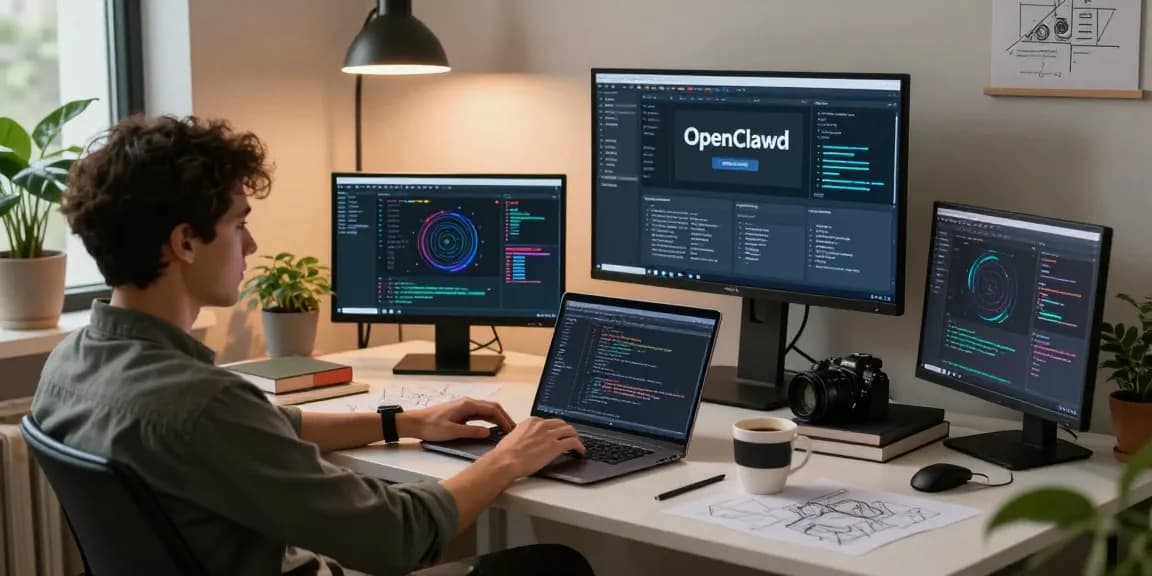 openclawd developer workspace with multiple screens and coding books in a modern tech environment