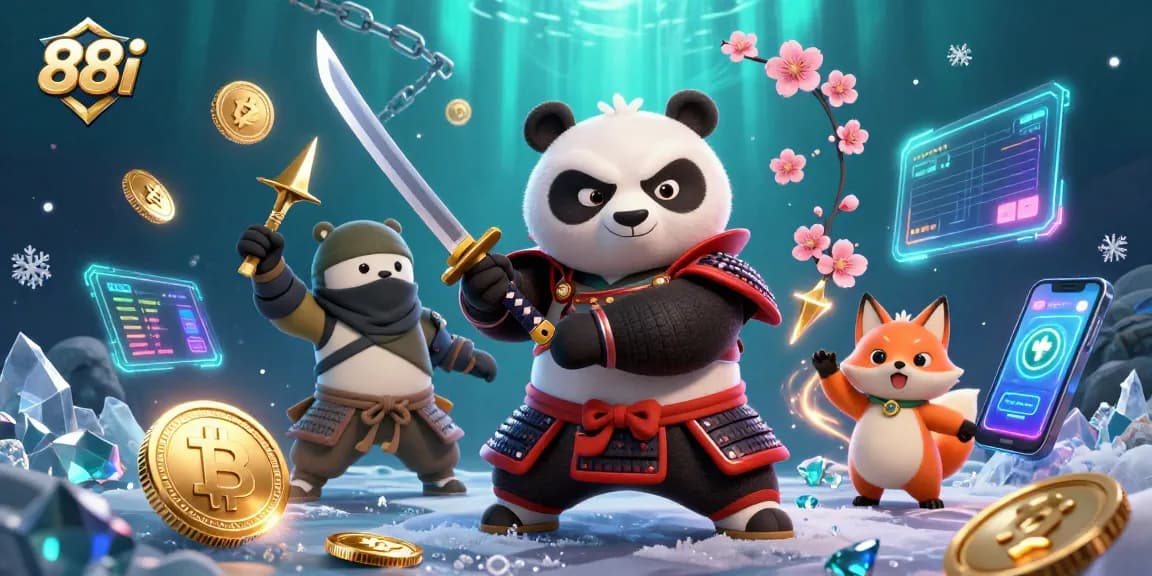Engage with 88i's thrilling casino adventures with a vibrant 3D illustration featuring characters and crypto elements.
