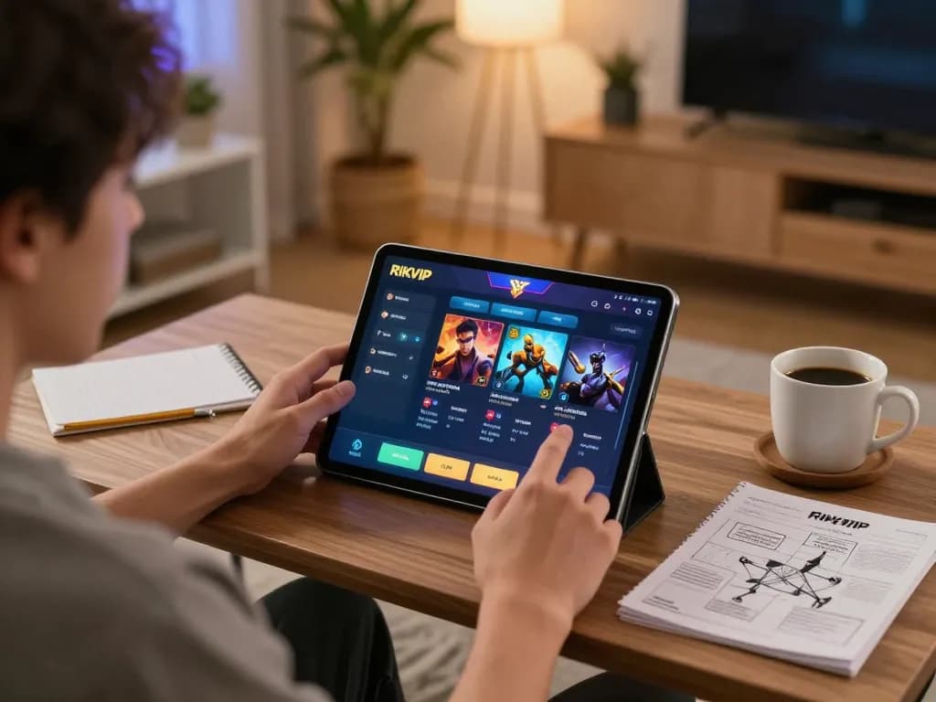 Player engaging with RIKVIP online gaming app on a tablet while reviewing strategy notes in a cozy home setting.