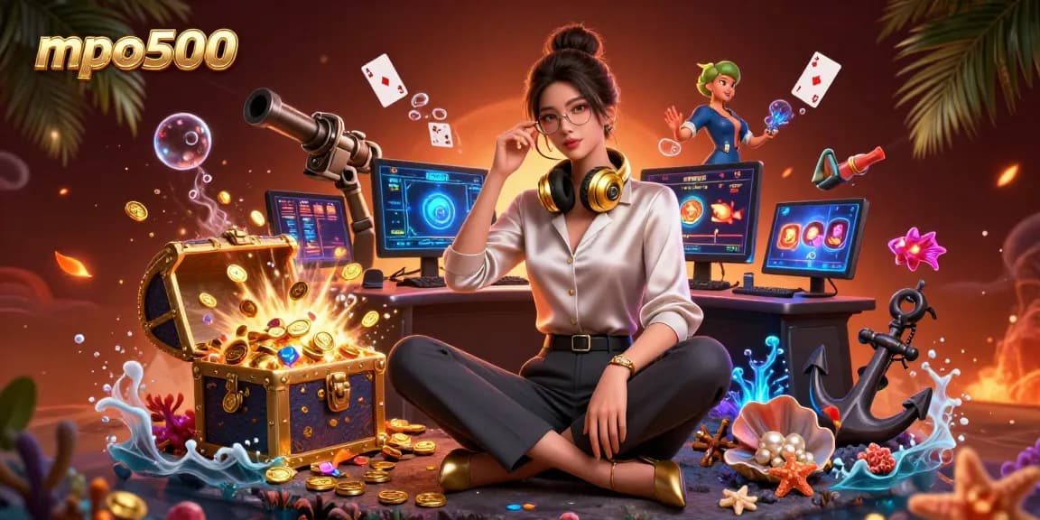 Experience thrilling gaming at MPO500 with vibrant casino elements in a lively 3D illustration.