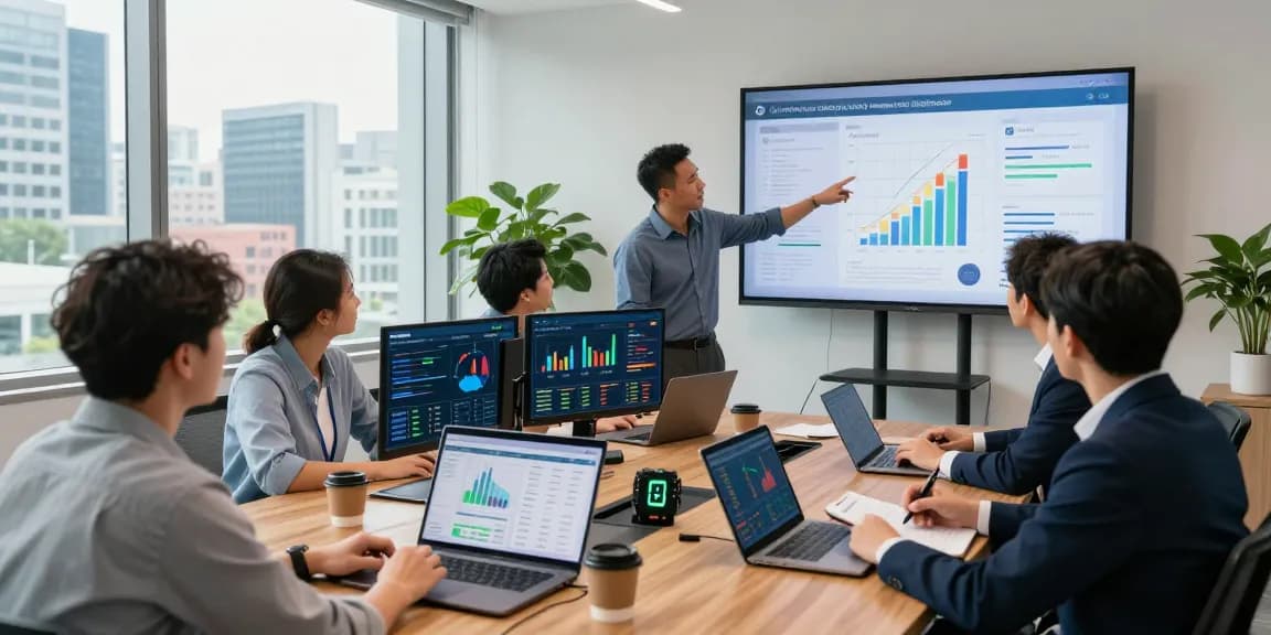 Team collaborating on multi site business energy management strategies in a modern office environment with energy data displays.