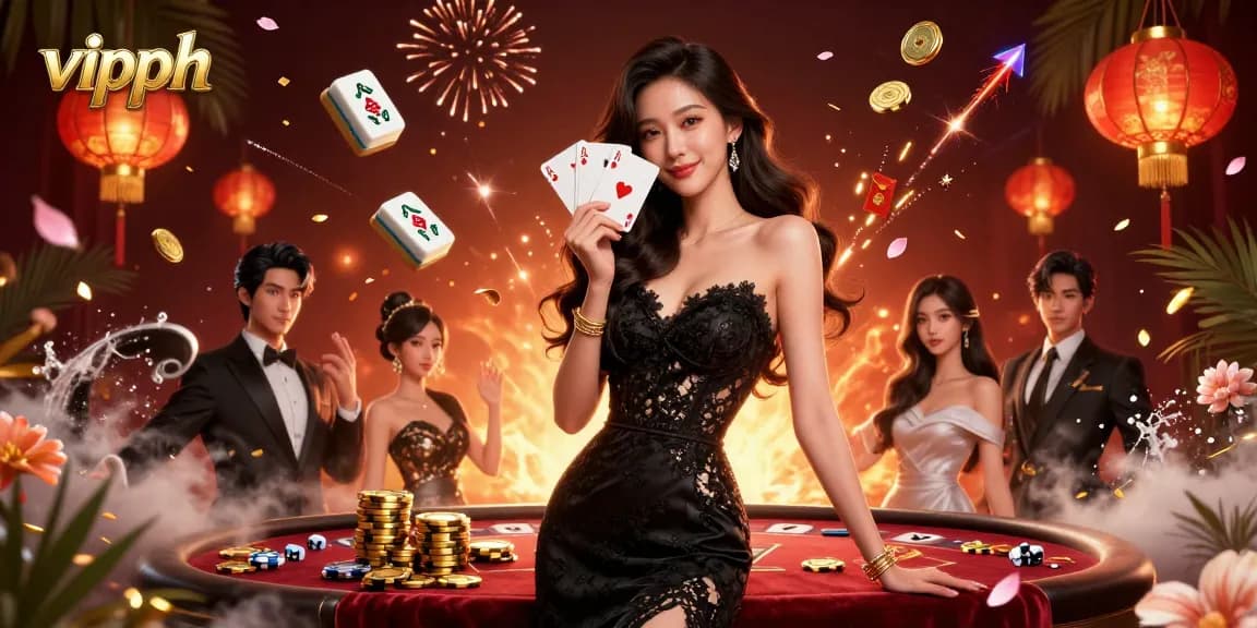 Win big at vipph with a captivating scene of an elegant woman holding playing cards in a vibrant casino setting.