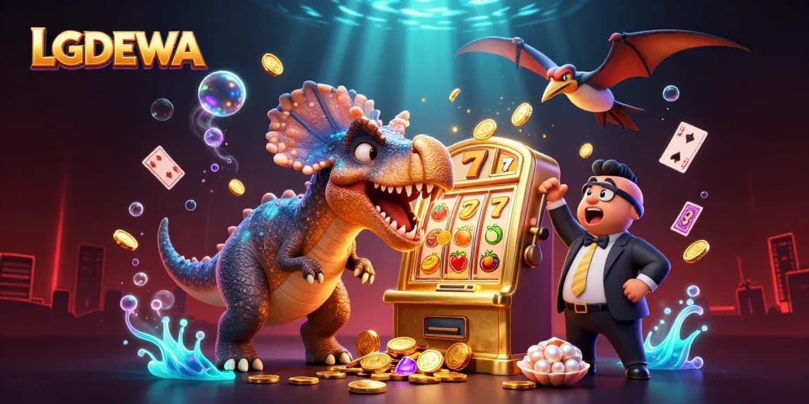 Win jackpots with LGODEWA in a dynamic scene featuring cartoon dinosaurs and casino elements.