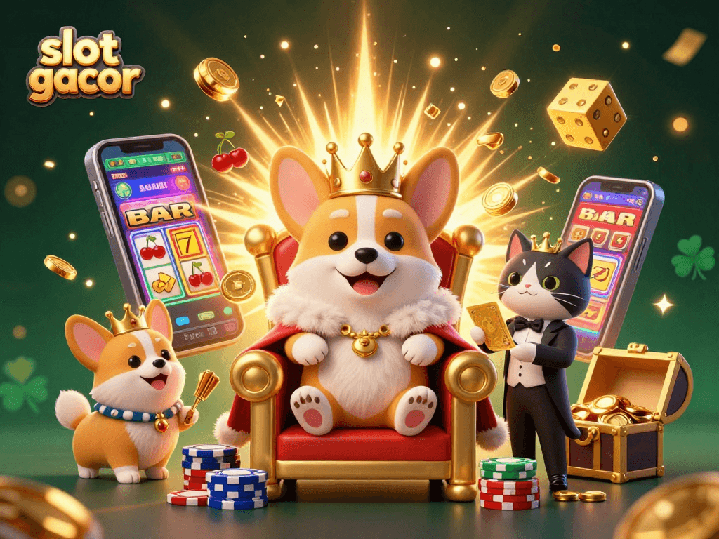 Experience slot gacor excitement with a corgi prince amidst jackpots and festive elements in this vibrant digital artwork.