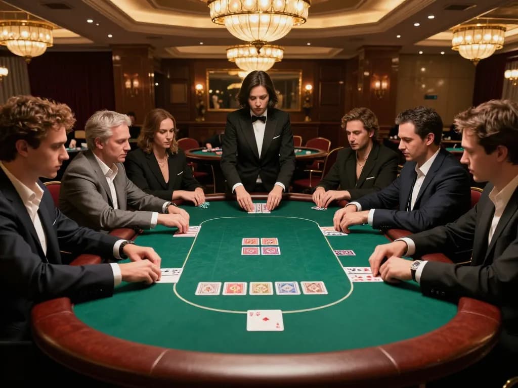 iWin players strategizing at a luxurious poker table under ambient casino lighting