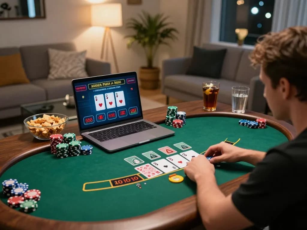 Player engaging with ta888 online blackjack, surrounded by a cozy home setting and strategic gameplay elements