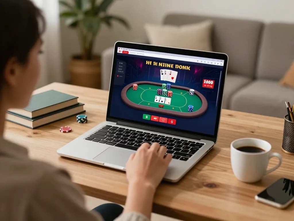 Engaging in online poker at DH88 with chips and cards displayed on a stylish laptop.