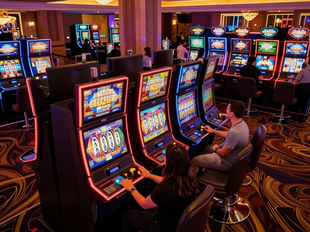 Win678 players enjoying vibrant slot machine games under neon lights.