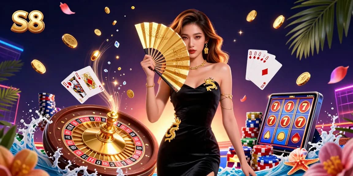 S8 casino promotional illustration depicting a stunning Asian woman and golden casino elements.