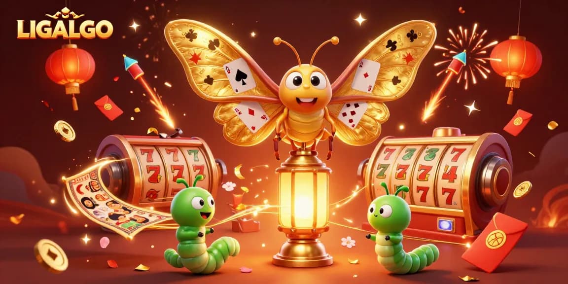 LIGALGO displays vibrant casino scenes with a 3D atlas moth, reflecting winning slot gameplay.