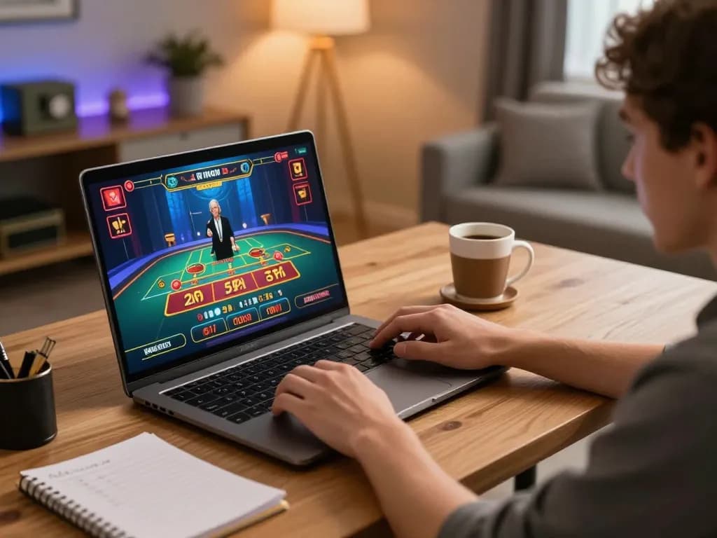 Player engaging in white label casino gameplay at a modern home setup with laptop and live dealer.