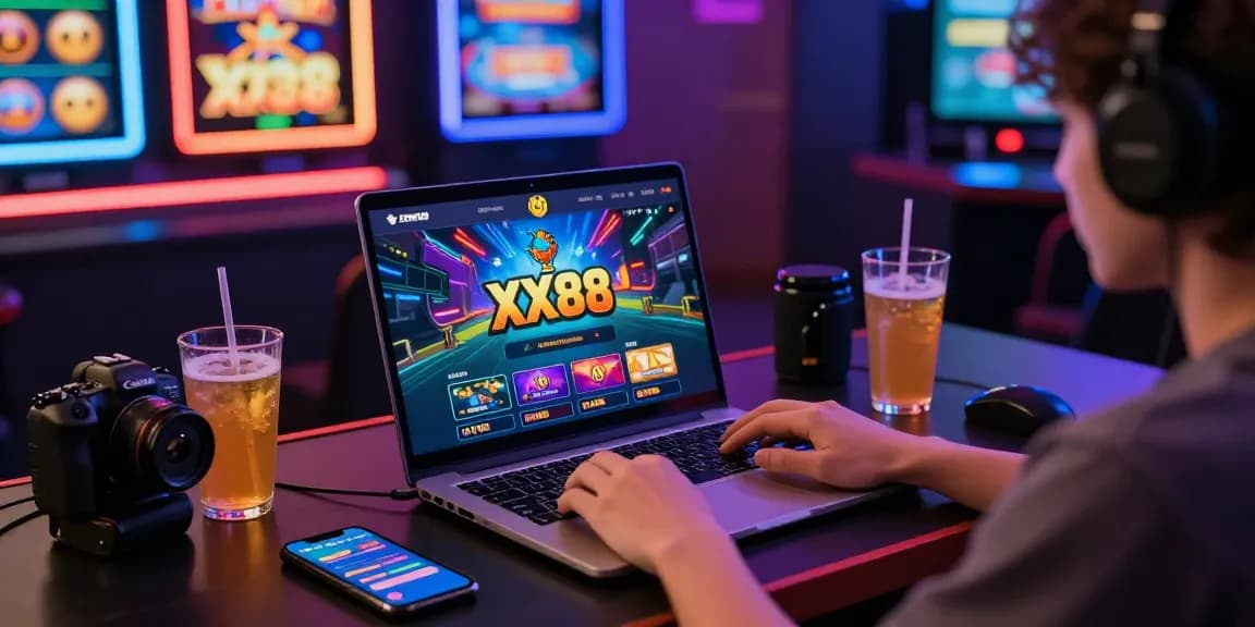 Engaging gaming scene at https://xx88.se.net/ showcasing online casino experience with vibrant lighting and gaming gear.