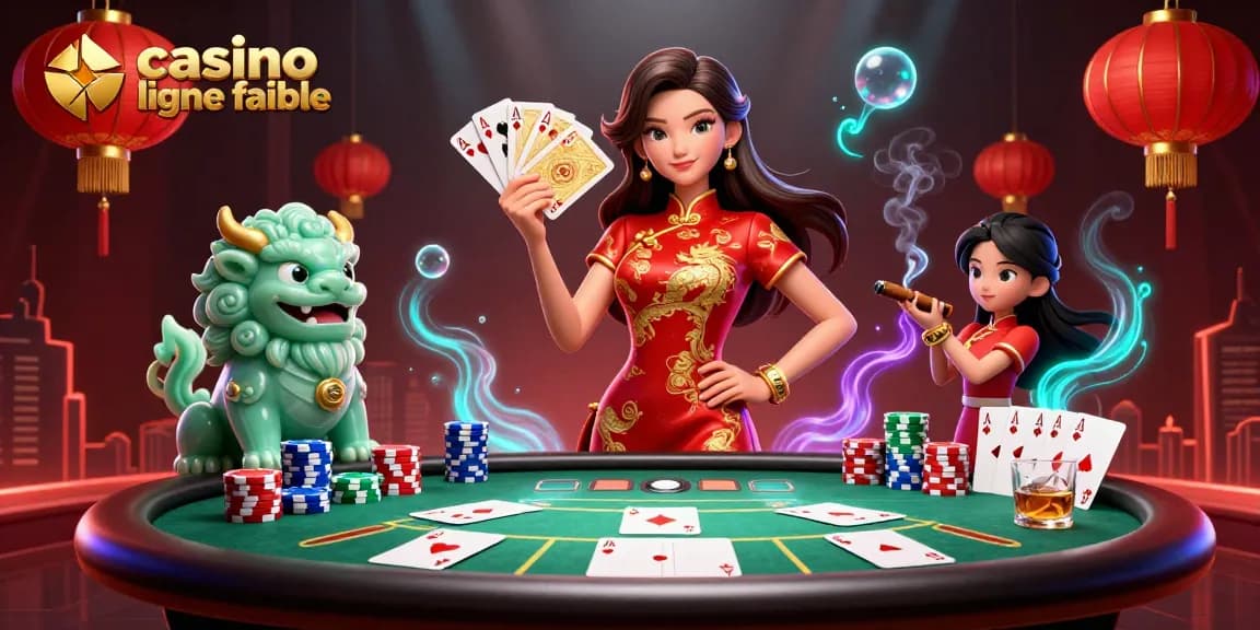 Découvrez la scène vibrante des casinos en ligne fiables mettant en vedette une femme en qipao, jouant aux cartes, et des éléments de jeu colorés.