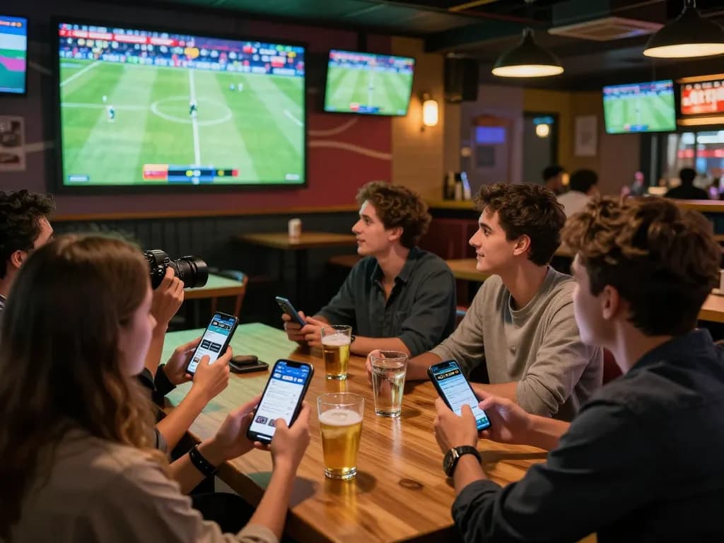 Friends engaging in sports betting on nhà cái 8xbet app while watching a live football match in a vibrant bar.