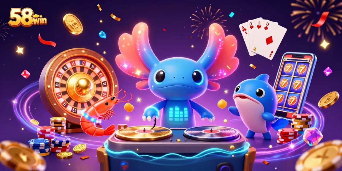 Experience the thrill of 58win with a vibrant 3D illustration of an underwater casino party.