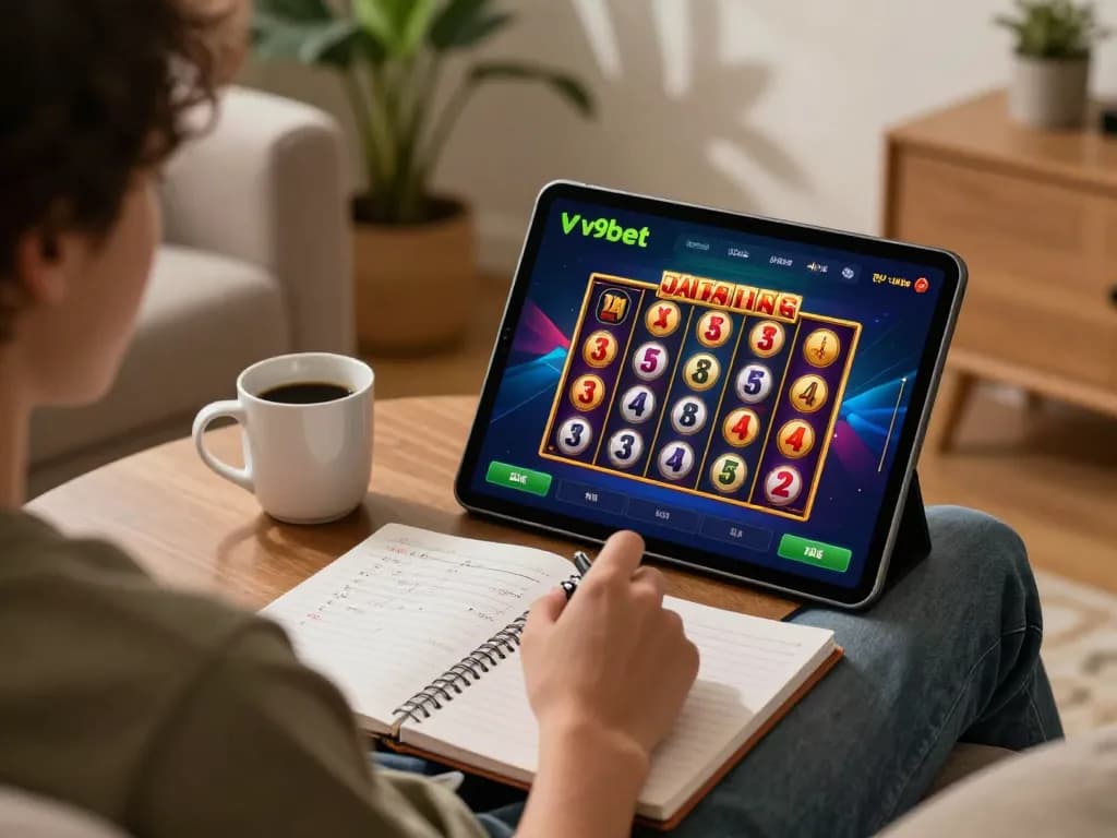 Player enjoying v9bet slots on a tablet while seated comfortably at home, showcasing a strategic gaming atmosphere.