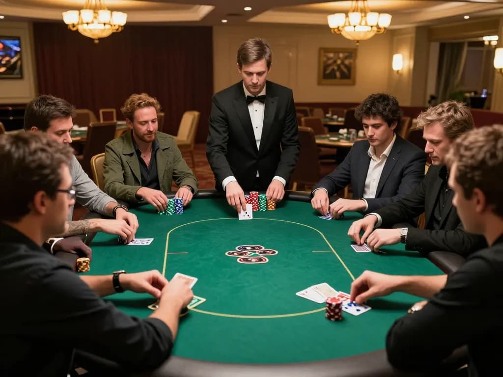 Engaging gameplay at dagelan4d poker table with focused players and dealer in luxury casino setting