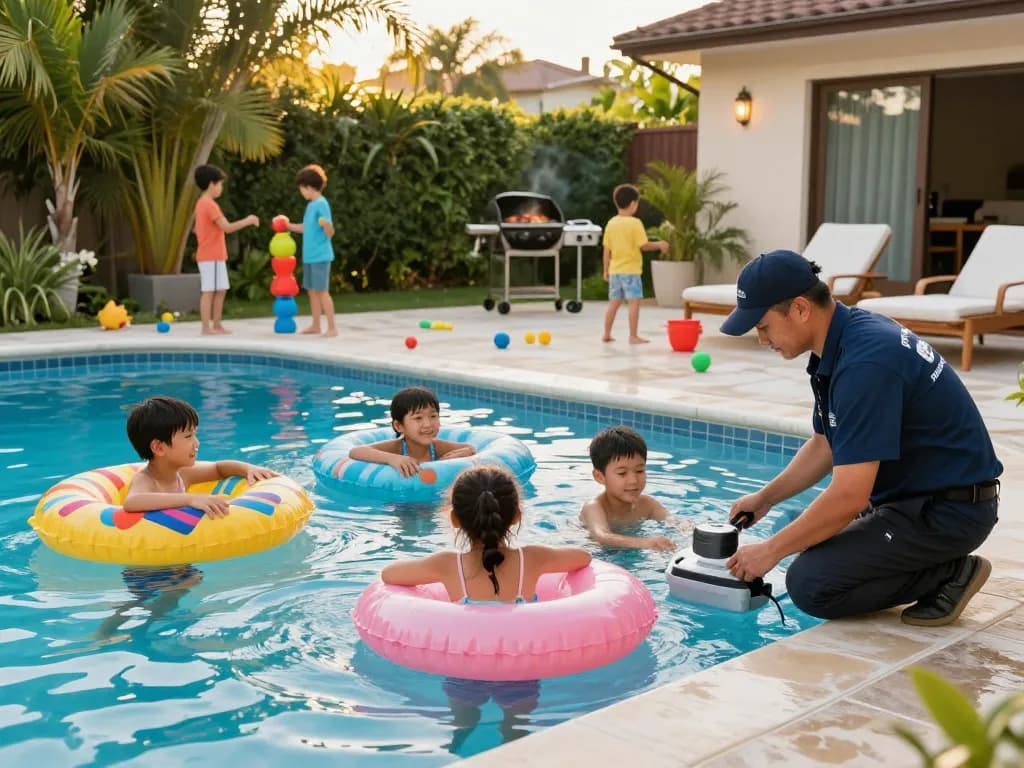 Dolphin Pool Services team maintaining a family pool during summer, showcasing vibrant outdoor enjoyment and quality care.