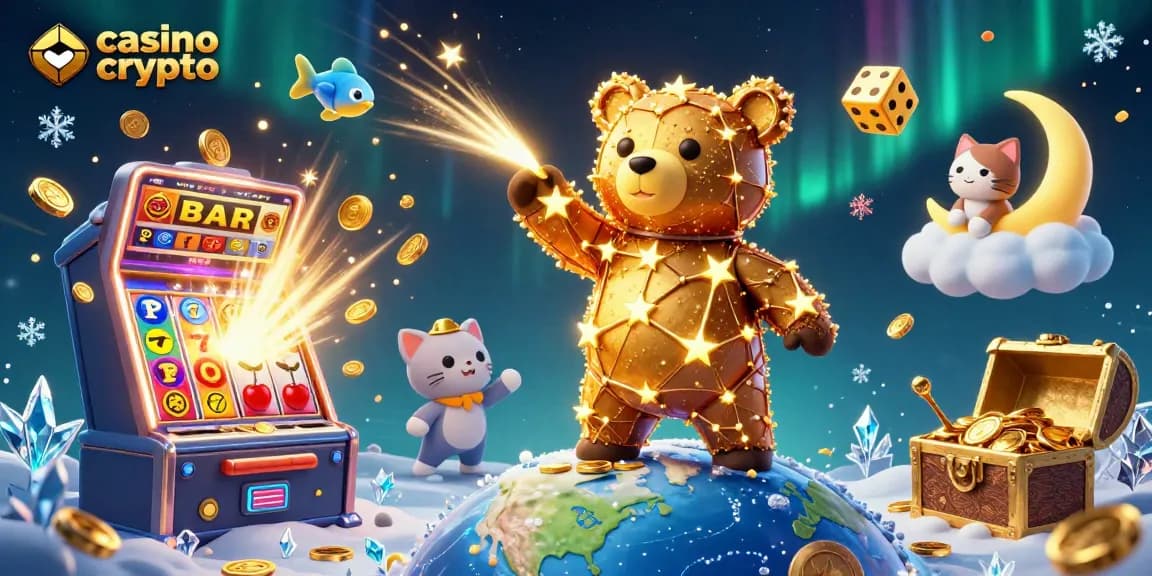 Jouez sur un casino crypto et gagnez des prix avec un ours constellation animé et des jeux colorés.
