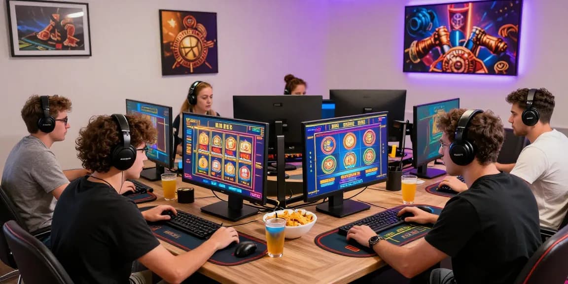 Joueurs engagés profitant d'une expérience de casino en ligne fiable avec des écrans vibrants et des accessoires de jeu.