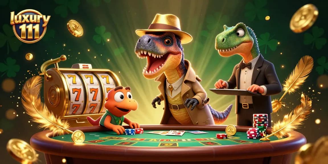 Experience thrilling gameplay at luxury 111 casino with a funny scene of a velociraptor countering cards.
