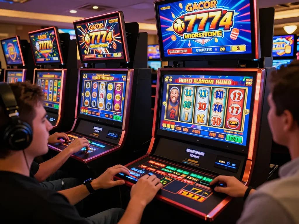 Players enjoying slot gacor 777 games on multiple screens in an engaging online casino atmosphere.