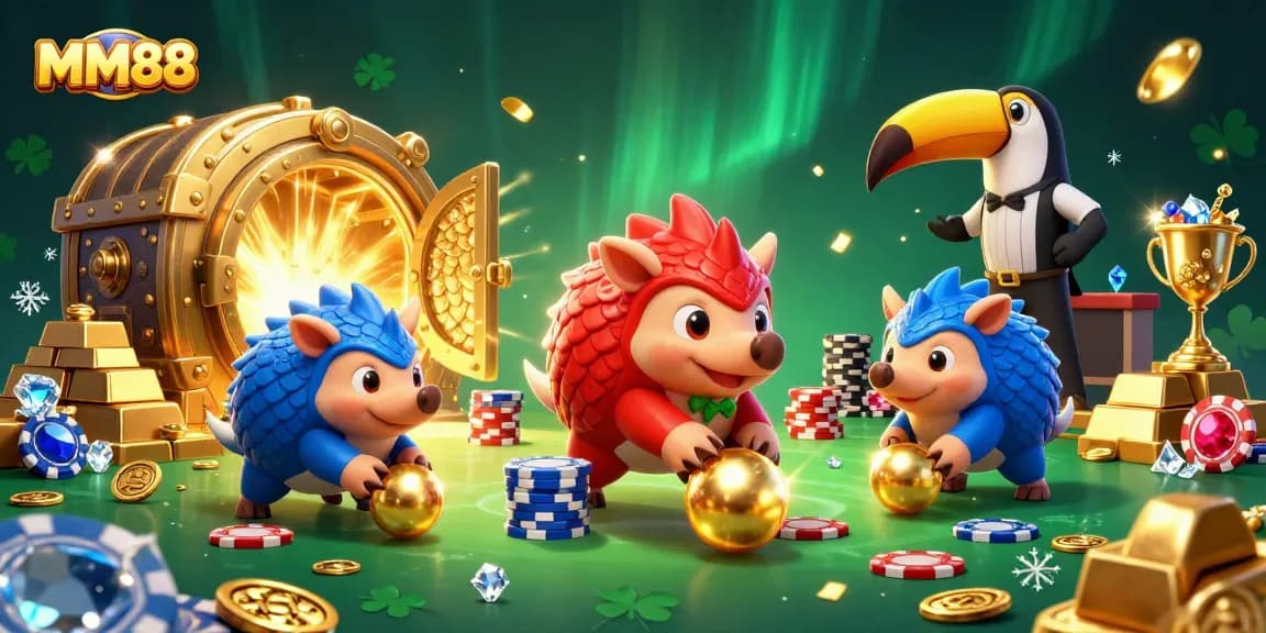 Play with MM88 in a vibrant casino scene where rival pangolins roll into golden balls amidst poker chips.