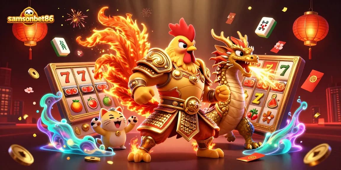 Experience the excitement of samsonbet86 in this vibrant online casino illustration featuring dynamic slot elements.