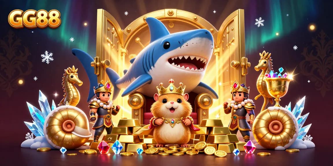 Experience the excitement of GG88 casino with a vibrant, dynamic 3D illustration showcasing unique characters and treasure.