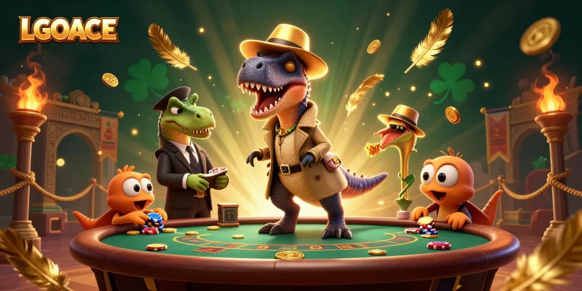LGOACE players betting at a blackjack table, featuring a card counting velociraptor and dynamic casino elements.