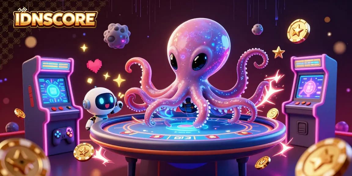 IDNSCORE showcases thrilling gameplay with a 3D alien octopus at a holographic poker table.