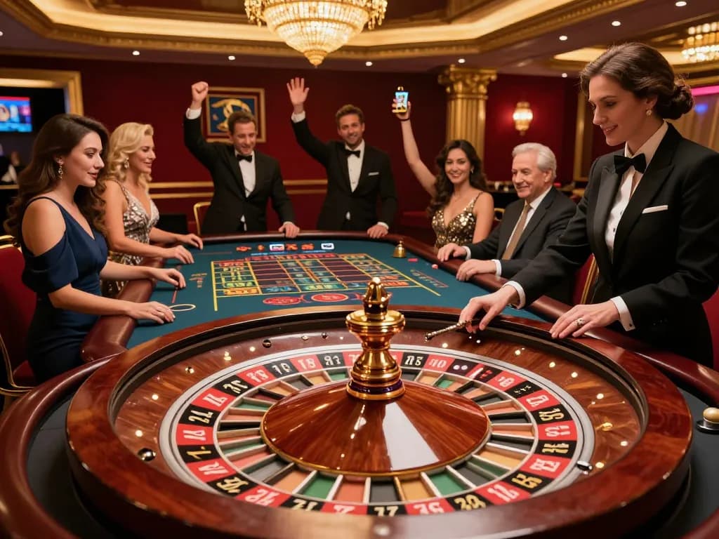 Witness the excitement of 777x at a roulette table with players betting and winning in a luxurious casino.