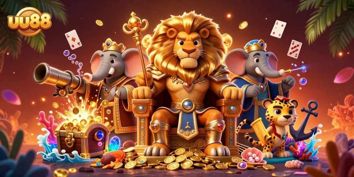 Engage in thrilling games with uu88's vibrant lion king illustration showcasing riches and adventure.