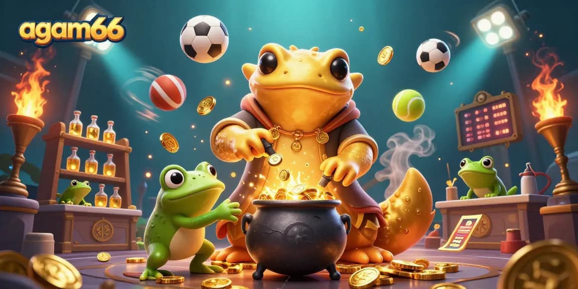 Bet on sports with agam66, featuring a dynamic illustration of vibrant game elements and characters.