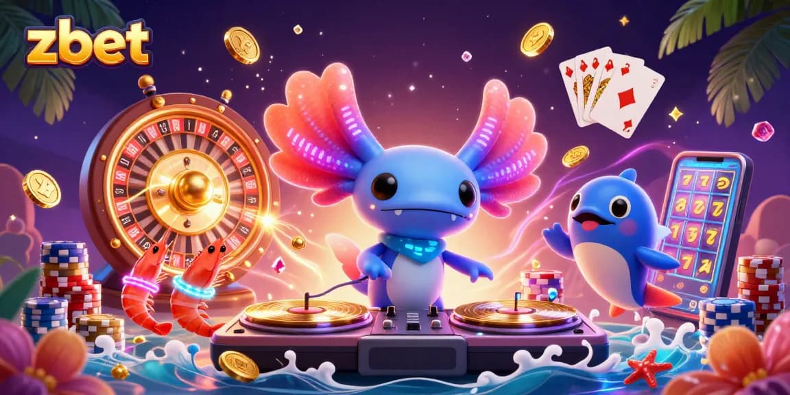 Experience the vibrant zbet casino scene with a neon axolotl DJ amidst gold coins and gems.
