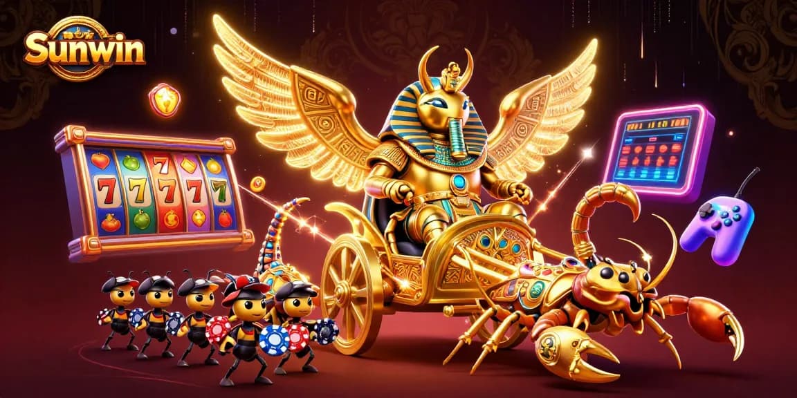 Engage with Sunwin casino offerings featuring golden scarabs and lively slot machines.