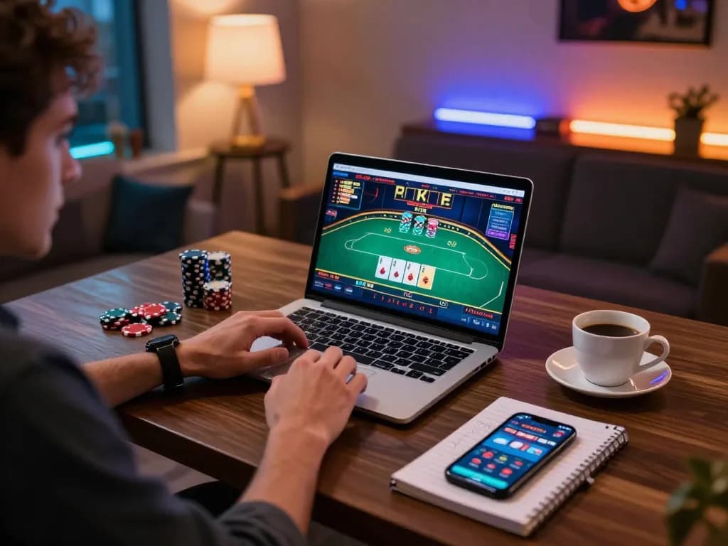 Player experiencing the thrill of online gaming at 888top with poker chips and strategic notes.