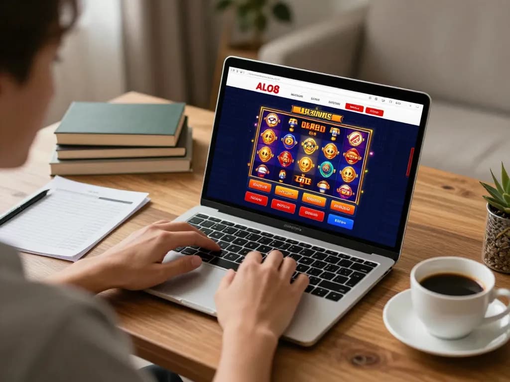 Experience online gaming at ALO8 with a vibrant interface and cozy home office setup.