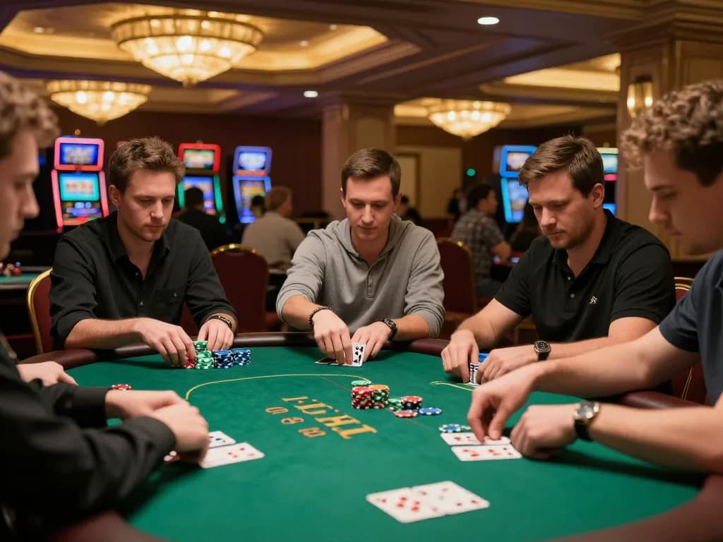 Players focusing intently during a poker game at 388bet casino, showcasing strategic gameplay.