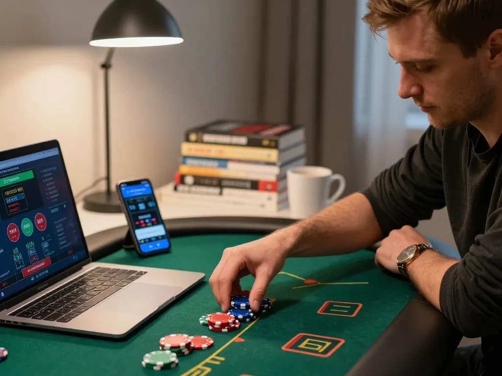 Player engaging in an online poker game on MM88 while planning strategic bets at home
