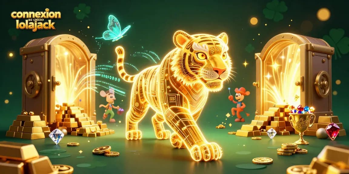 Play at connexion au casino lolajack with 3D dynamic casino illustration featuring light-energy tiger and treasure.